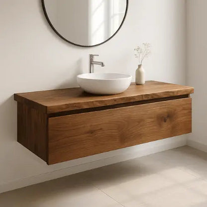 Handcrafted Floating Solid Wood Bathroom Vanity – Modern Live Edge Countertop with Single Drawer – Minimalist Natural Finish Kitchnce