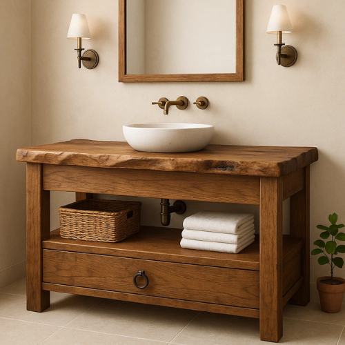 Handcrafted Live Edge Bathroom Vanity – Solid Wood Design with Drawer & Open Shelf – Rustic Farmhouse Vanity for Natural Modern Interiors Kitchnce