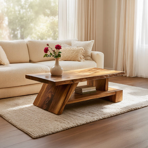 Angled Solid Wood Coffee Table With Open Shelf