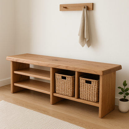 Handcrafted Solid Wood Bench – Minimalist Seating with Open Cubby Organiser Kitchnce