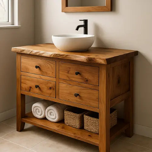 Rustic Handcrafted Solid Wood Bathroom Vanity – Live Edge with Four Drawers & Open Shelf Kitchnce