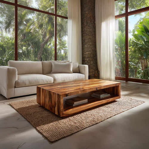 Minimalist Solid Wood Coffee Table With Open Shelf