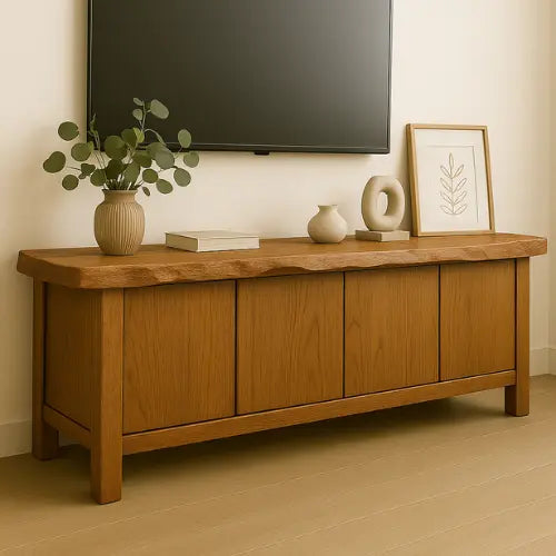 Handcrafted Solid Wood TV Stand with Live Edge Top – Minimalist Japandi Console Table for Living Room Kitchnce