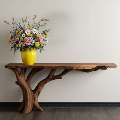 Handcrafted Solid Wood Console Table with Organic Branch Base and Live Edge Top Kitchnce