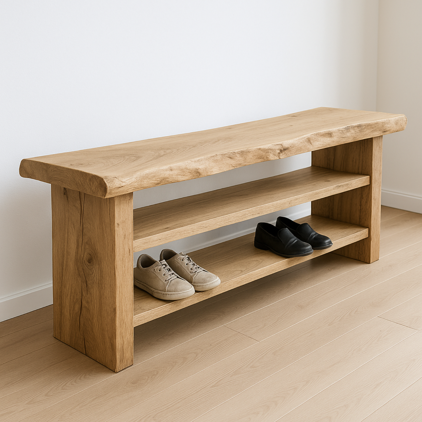 Handcrafted Solid Wood Entryway Bench with Shoe Storage – Natural Live-Edge Design Kitchnce