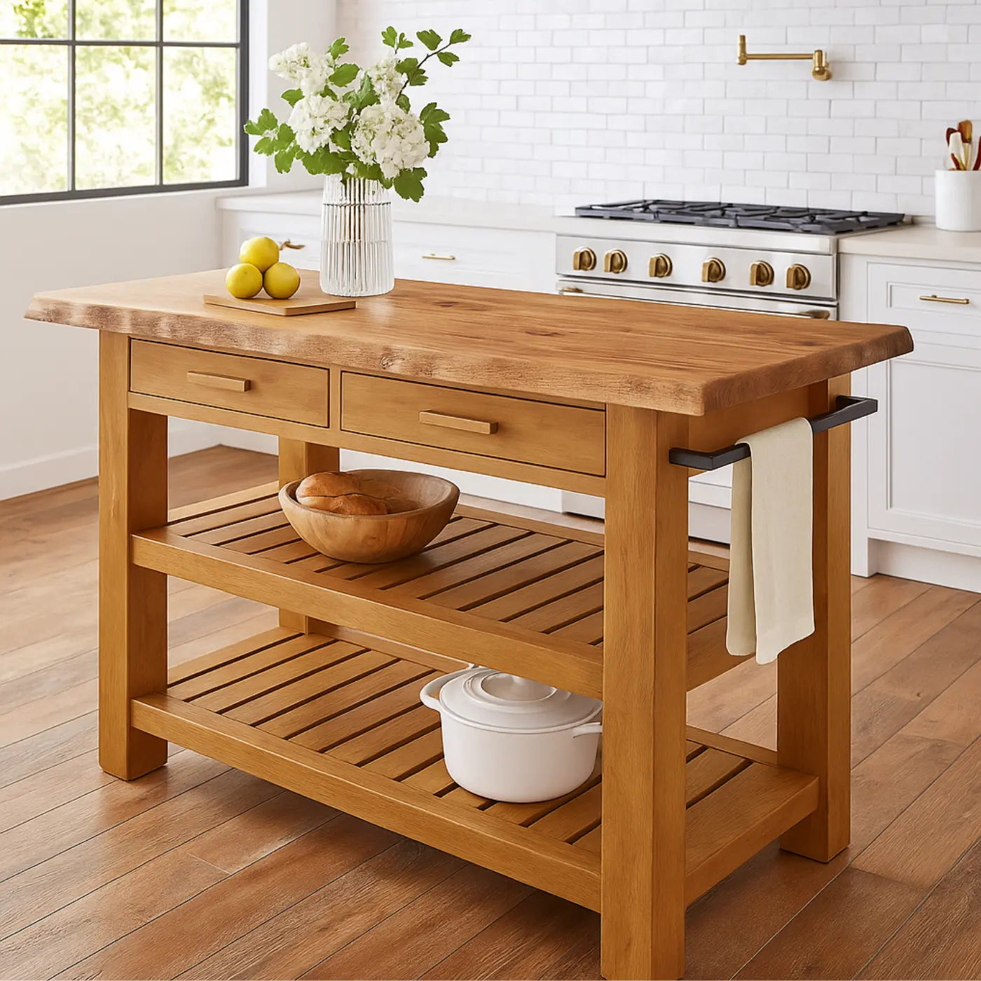 Handcrafted Solid Wood Kitchen Island - Slatted Shelves & Towel Bar Kitchnce