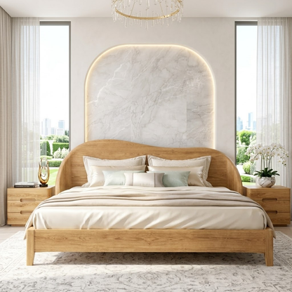 Modern Wooden Bed Frame with Curved Headboard and Minimalist Bedroom Style