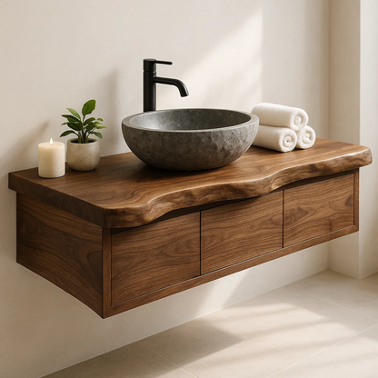 Handcrafted Solid Wood Floating Vanity - Live Edge Wall-Mounted Cabinet Kitchnce