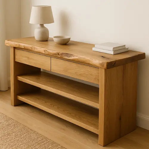 Handcrafted Solid Wood Live Edge Console Table – Natural Oak with Drawers and Open Shelves Kitchnce