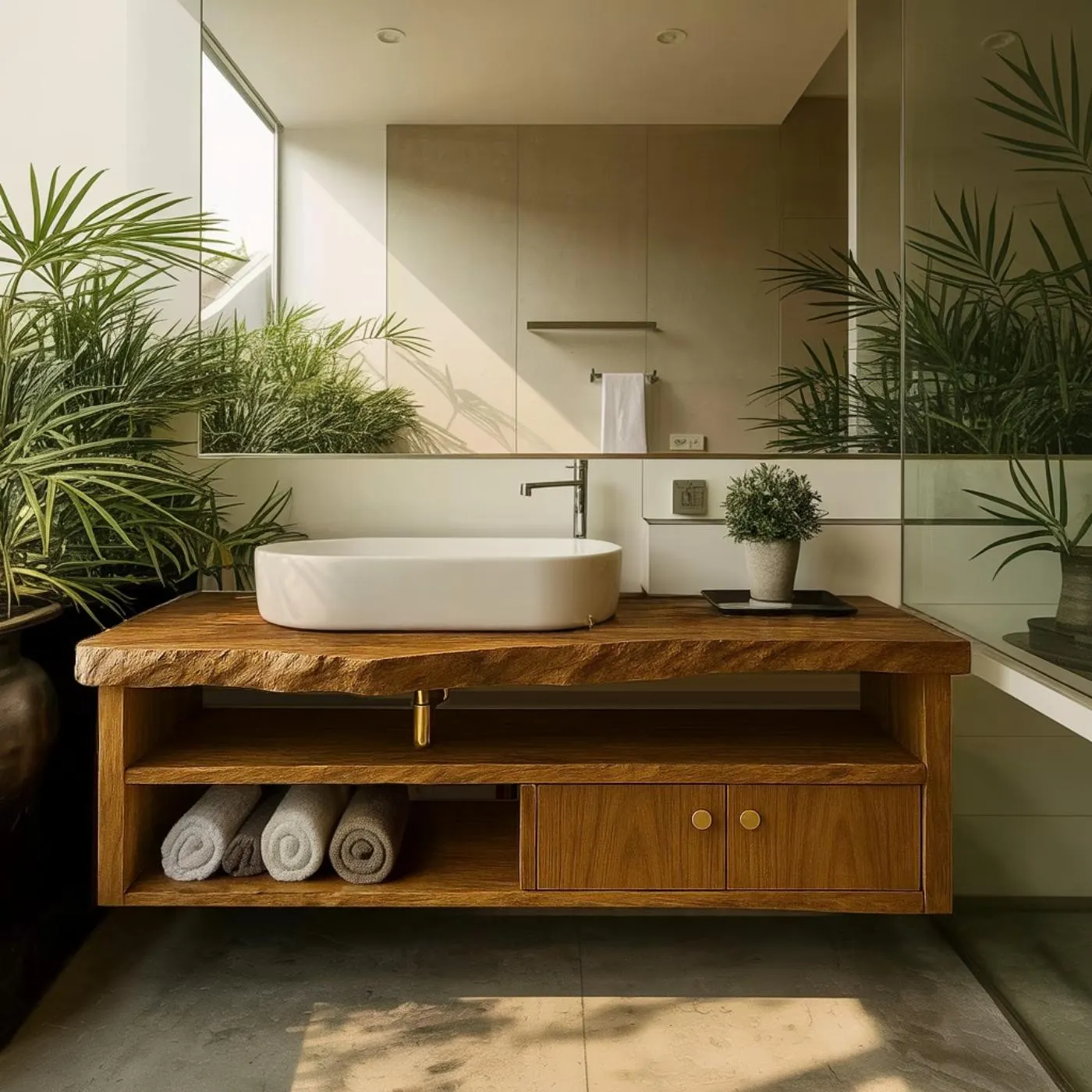Handcrafted Solid Wood Floating Vanity, Organic Live Edge Bathroom Console with Storage Kitchnce