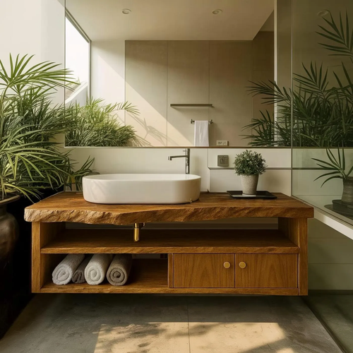 Handcrafted Solid Wood Floating Vanity, Organic Live Edge Bathroom Console with Storage Kitchnce
