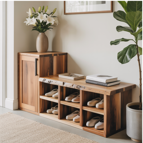 Handcrafted Solid Wood Bench - Live-Edge Entryway Shoe Storage Cabinet Kitchnce