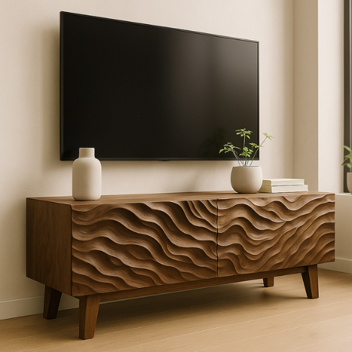Handcrafted Solid Walnut TV Stand with 3D Wave Texture – Modern Sculpted Wood Media Console Kitchnce