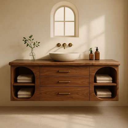Handcrafted Solid Wood Floating Vanity - Modern Wall-Mounted Cabinet with Arches Kitchnce