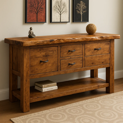 Handcrafted Solid Wood Live Edge Console Table – Rustic Oak Design with Multiple Drawers and Bottom Shelf Kitchnce