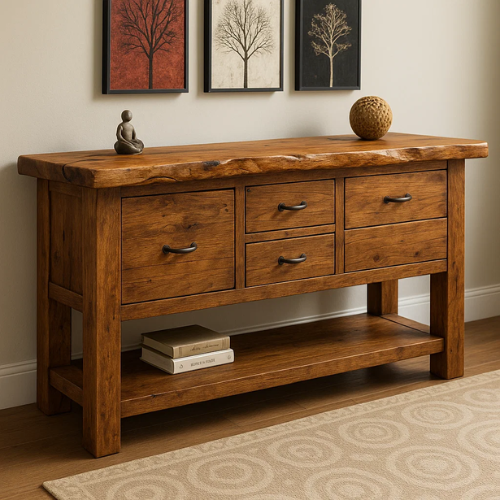 Handcrafted Solid Wood Live Edge Console Table – Rustic Oak Design with Multiple Drawers and Bottom Shelf Kitchnce