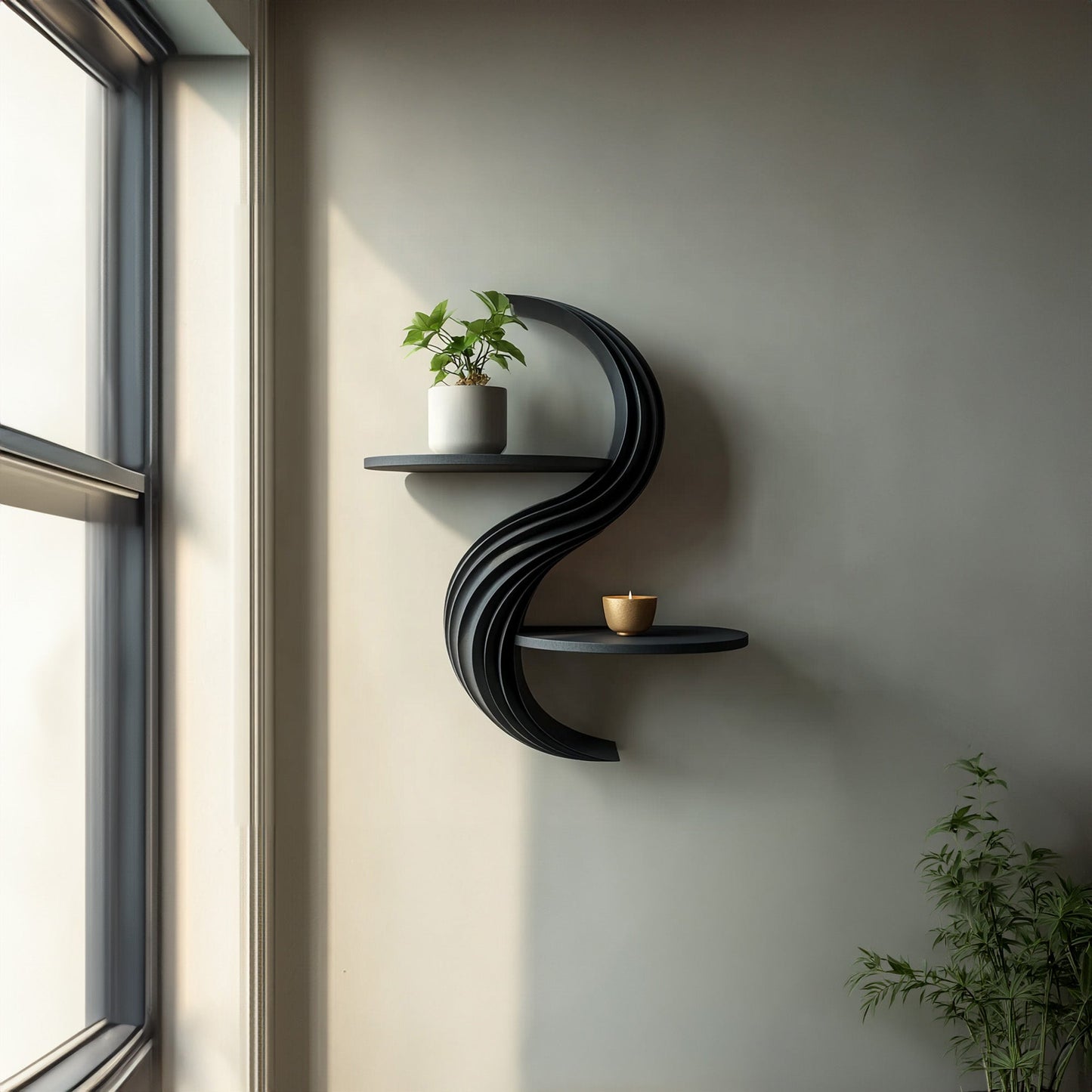 Curved Dual-Tier Floating Wall Shelf with Sculptural Form