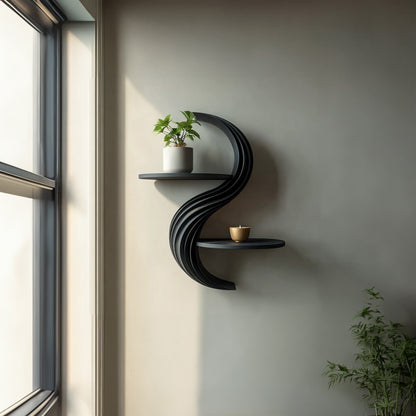 Curved Dual-Tier Floating Wall Shelf with Sculptural Form