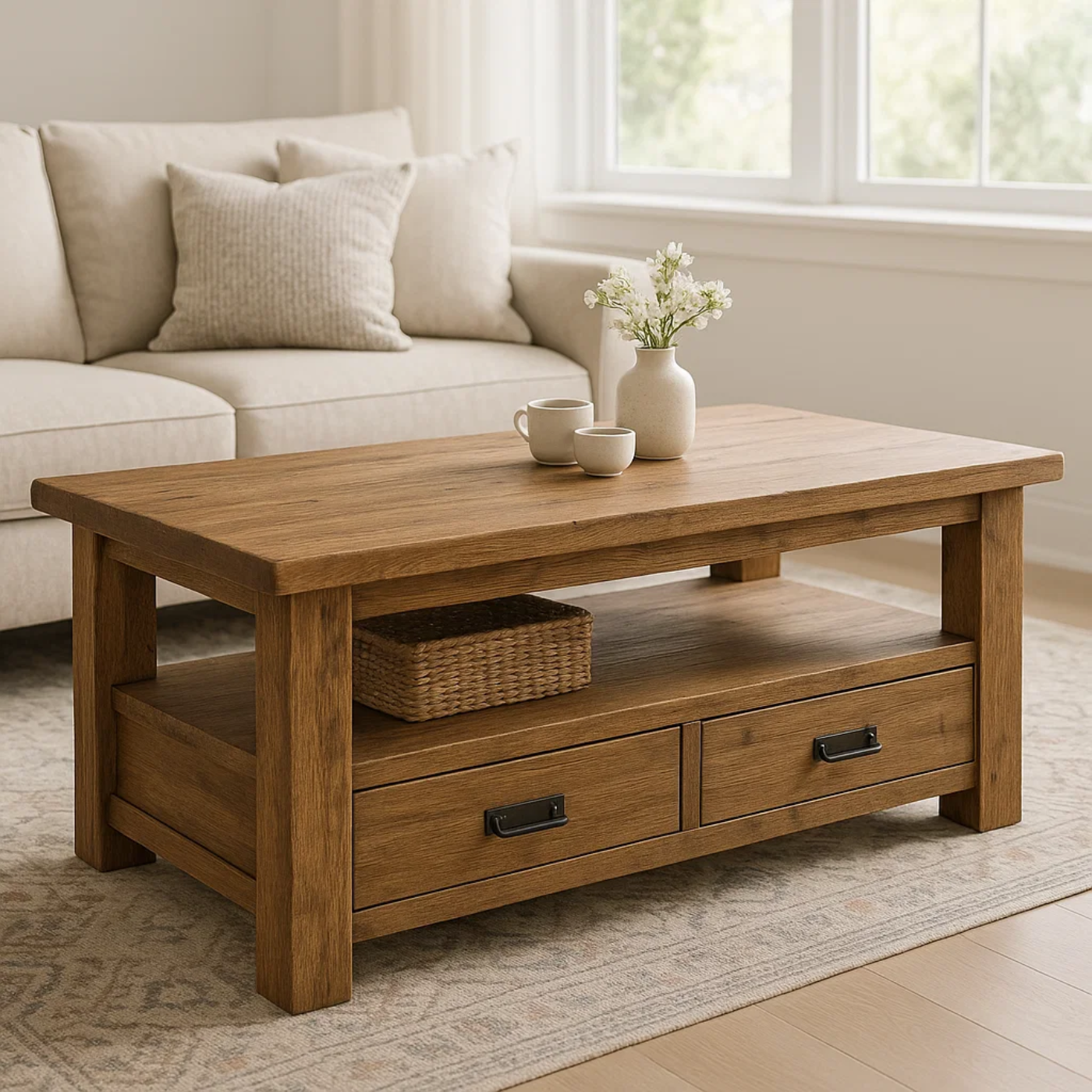 Handcrafted Solid Wood Coffee Table – Rustic Farmhouse Storage with Two Drawers and Shelf Kitchnce