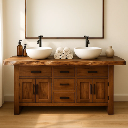 Handcrafted Solid Wood Bathroom Vanity - Live Edge Rustic Cabinet with Doors & Sink Kitchnce