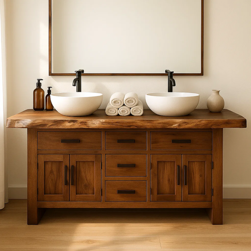 Handcrafted Solid Wood Bathroom Vanity - Live Edge Rustic Cabinet with Doors & Sink Kitchnce