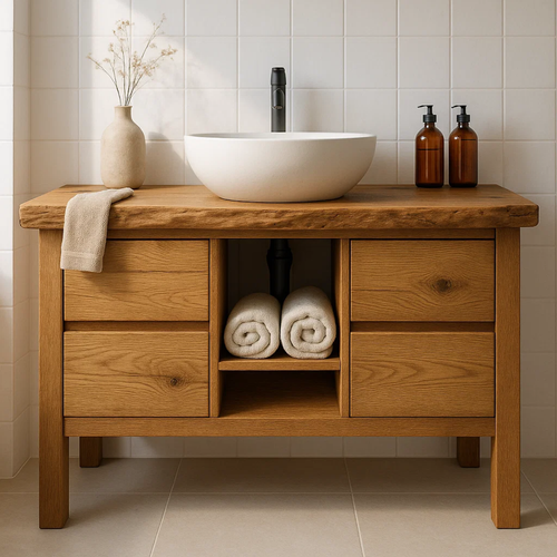 Handcrafted Solid Wood Bathroom Vanity - Live Edge Top with Drawers & Open Shelf Storage Kitchnce