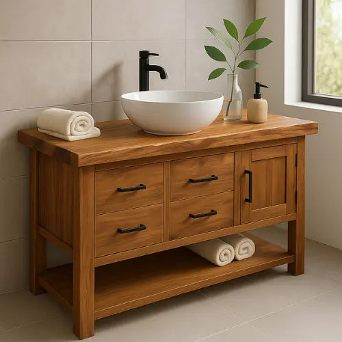Handcrafted Solid Oak Bathroom Vanity – Live Edge Countertop with Drawers & Cabinet – Modern Rustic Wood Design for Warm, Natural Bathrooms Kitchnce