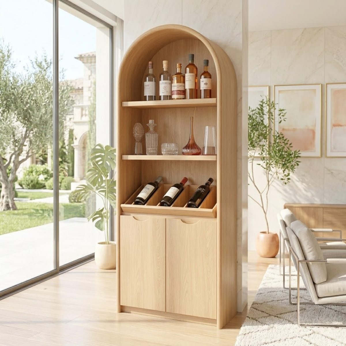 Contemporary Arched Wine Cabinet with Display Shelves and Hidden Storage Doors