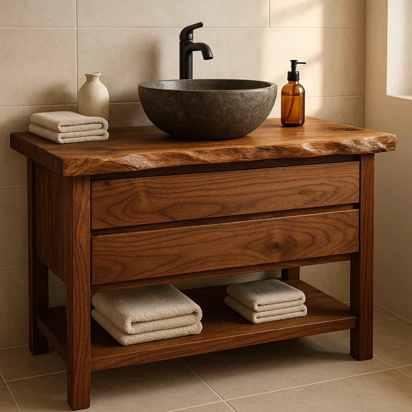 Handcrafted Solid Wood Bathroom Vanity - Live Edge Dark Wood Cabinet & Open Shelf Kitchnce