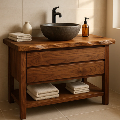 Handcrafted Solid Wood Bathroom Vanity - Live Edge Dark Wood Cabinet & Open Shelf Kitchnce