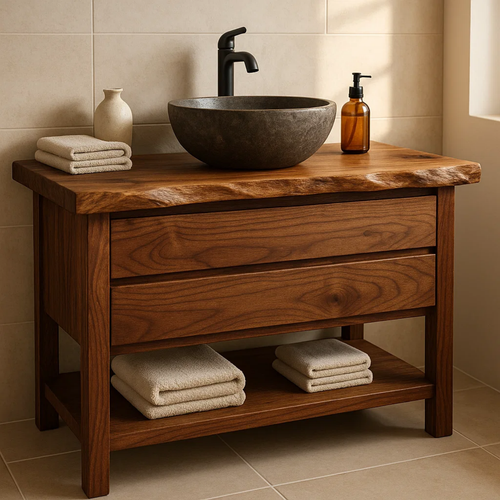 Handcrafted Solid Wood Bathroom Vanity - Live Edge Dark Wood Cabinet & Open Shelf Kitchnce