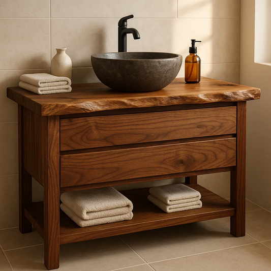 Handcrafted Solid Wood Bathroom Vanity - Live Edge Dark Wood Cabinet & Open Shelf Kitchnce