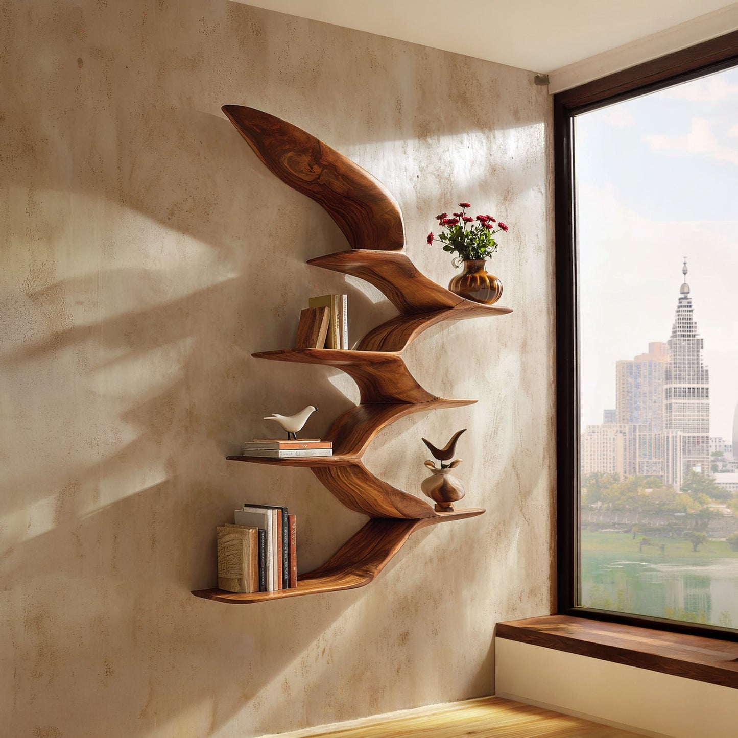 Wing Form Wood Wall Shelf With Curved Open Display