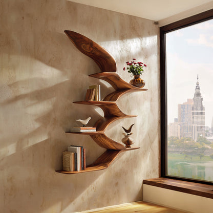 Wing Form Wood Wall Shelf With Curved Open Display