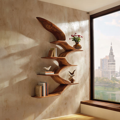 Wing Form Wood Wall Shelf With Curved Open Display