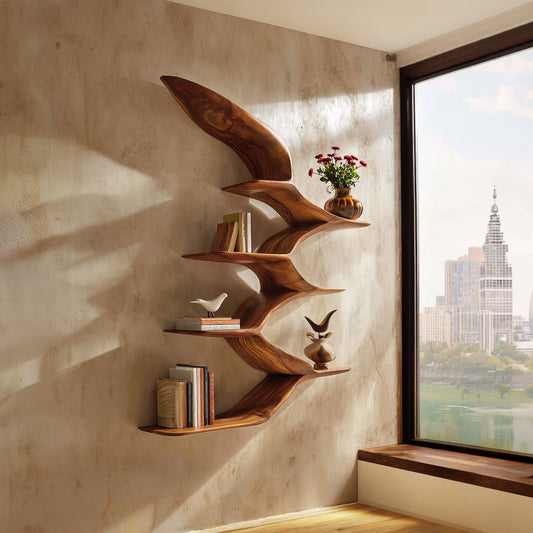 Wing Form Wood Wall Shelf With Curved Open Display