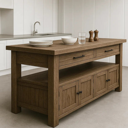 Handcrafted Solid Wood Kitchen Island - Long Design, Drawers & Cabinets Kitchnce