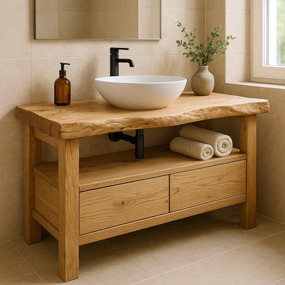 Handcrafted Solid Wood Bathroom Vanity - Live Edge Rustic Stand with Drawers & Shelf Kitchnce