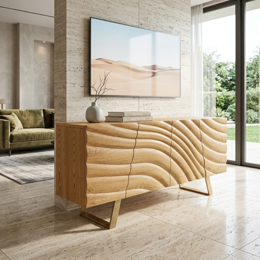 Solid Wood TV Stand with Sculpted Doors, Modern Media Console for Living Room