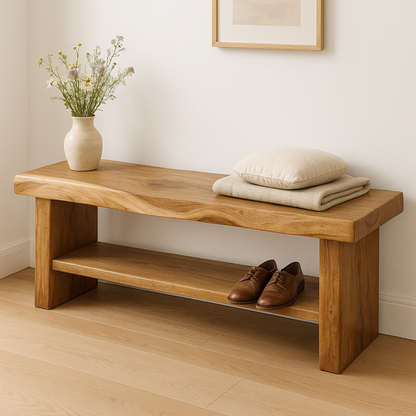 Handcrafted Solid Wood Bench – Live Edge Entryway Seating with Storage Shelf Kitchnce