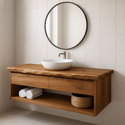 Handcrafted Floating Solid Wood Bathroom Vanity – Live Edge Countertop with Drawer and Open Shelf – Modern Organic Wall-Mount Design Kitchnce
