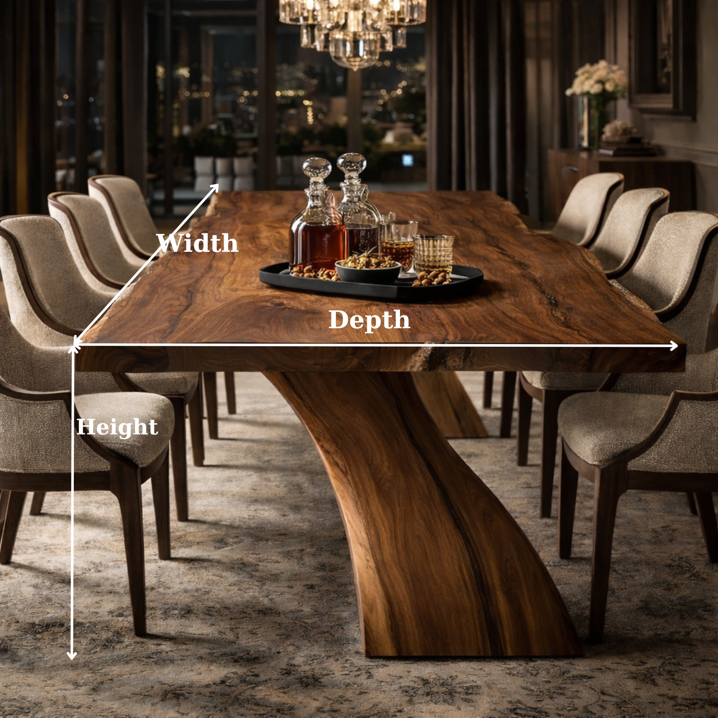 Live Edge Solid Wood Dining Table with Curved Base