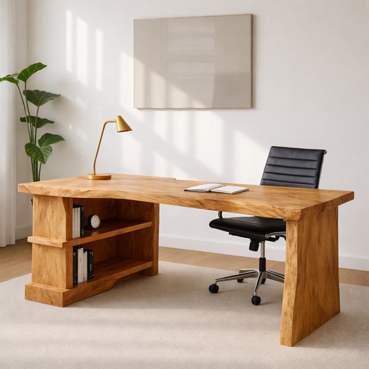 Modern L-Shaped Walnut Desk with Open Shelf – Sculptural Corner Workspace