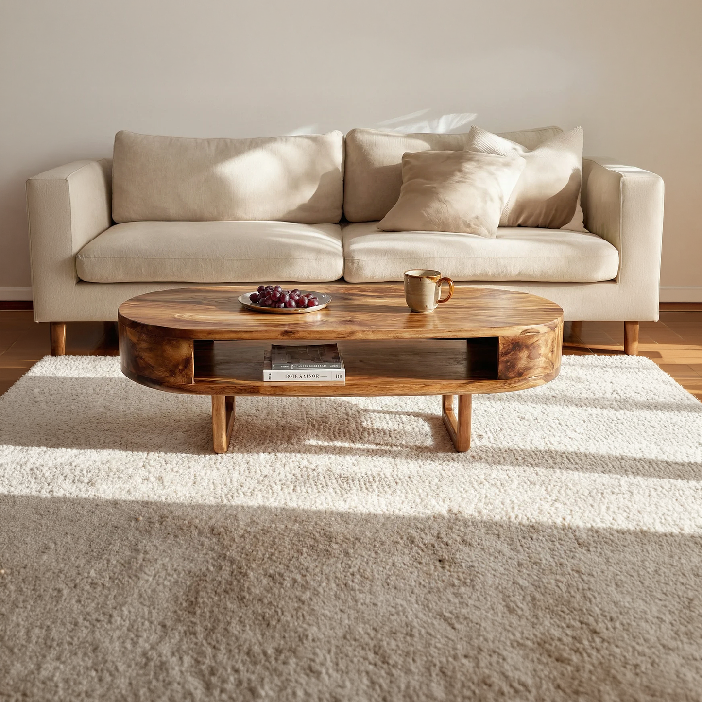Solid Wood Oval Coffee Table with Shelf  Modern Natural Wood Living Room Table