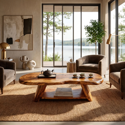 Live Edge Solid Wood Coffee Table Organic Shape Natural Wood Tea Table with Shelf