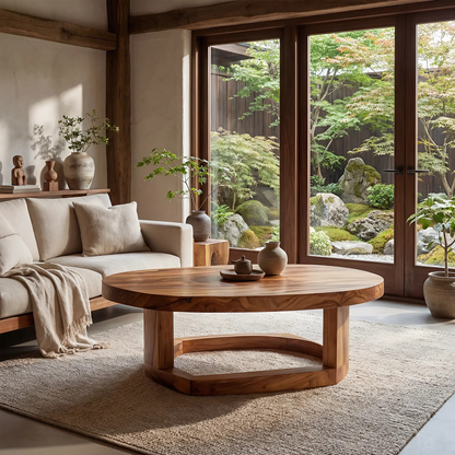 Solid Wood Oval Coffee Table handcrafted Natural Wood Living Room Table with Sculptural Base