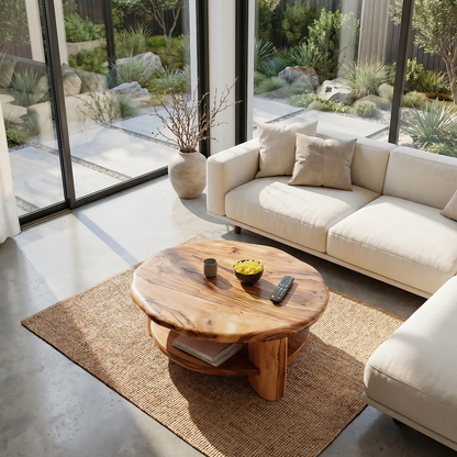 Round Solid Wood Coffee Table with Shelf Handcrafted Natural Wood Living Room Table