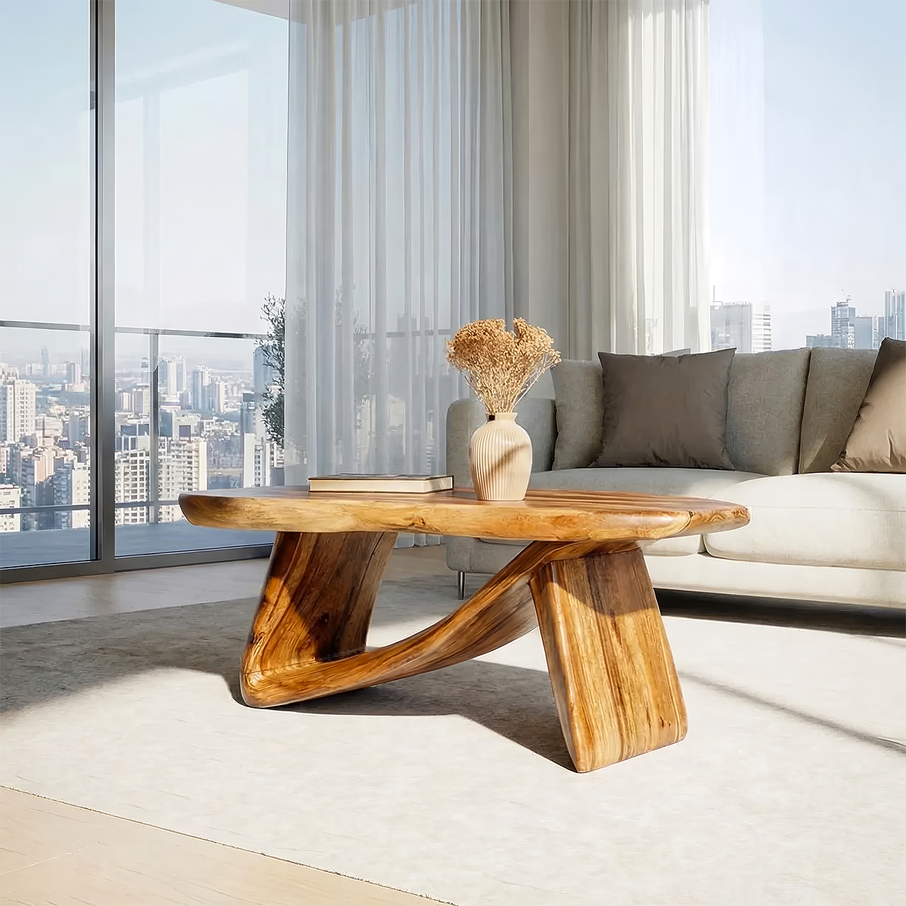 Sculptural Solid Wood Coffee Table Handcrafted Natural Wood Modern Center Table