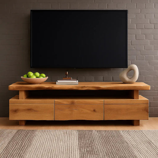 Handcrafted Solid Wood TV Stand – Modern Minimalist Media Console with Three Drawers and Natural Live Edge Design Kitchnce