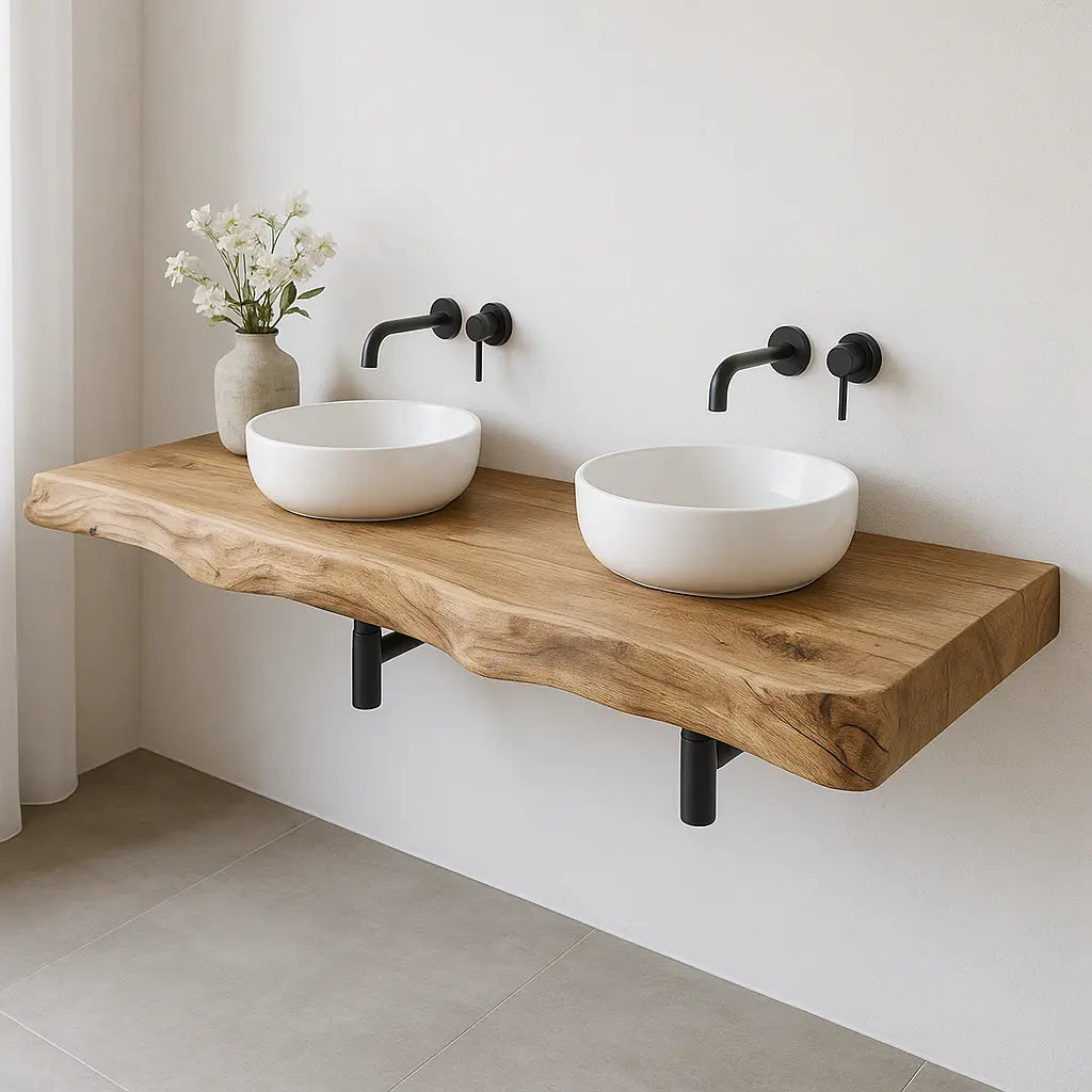 Double Sink Live Edge Vanity Shelf | Solid Wood Floating Bathroom Counter Kitchnce